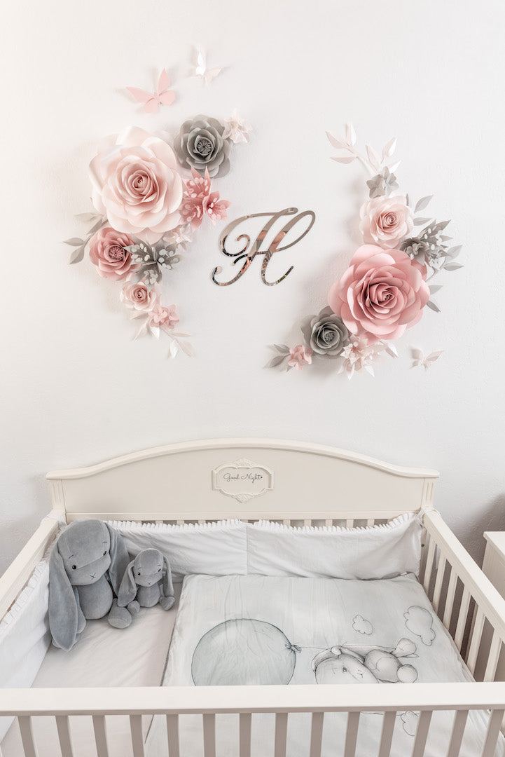 Enchanting nursery decor featuring blush, light grey, and nude flower set