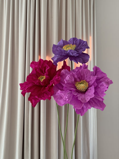 3 Purple Big Paper Poppies on Stand