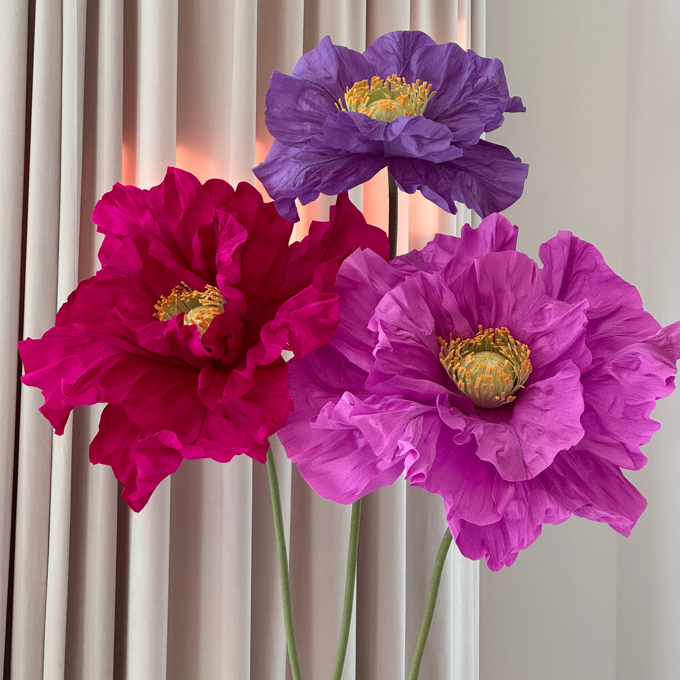 3 Purple Big Paper Poppies on Stand