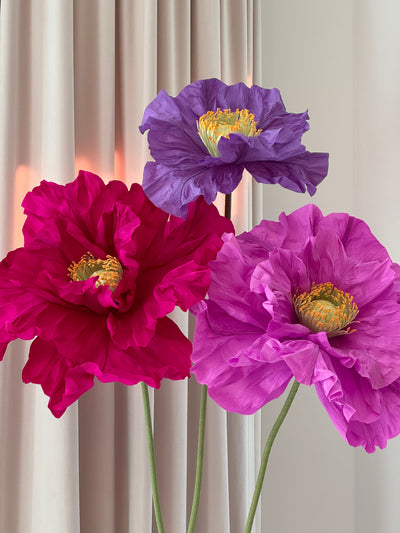 3 Purple Big Paper Poppies on Stand