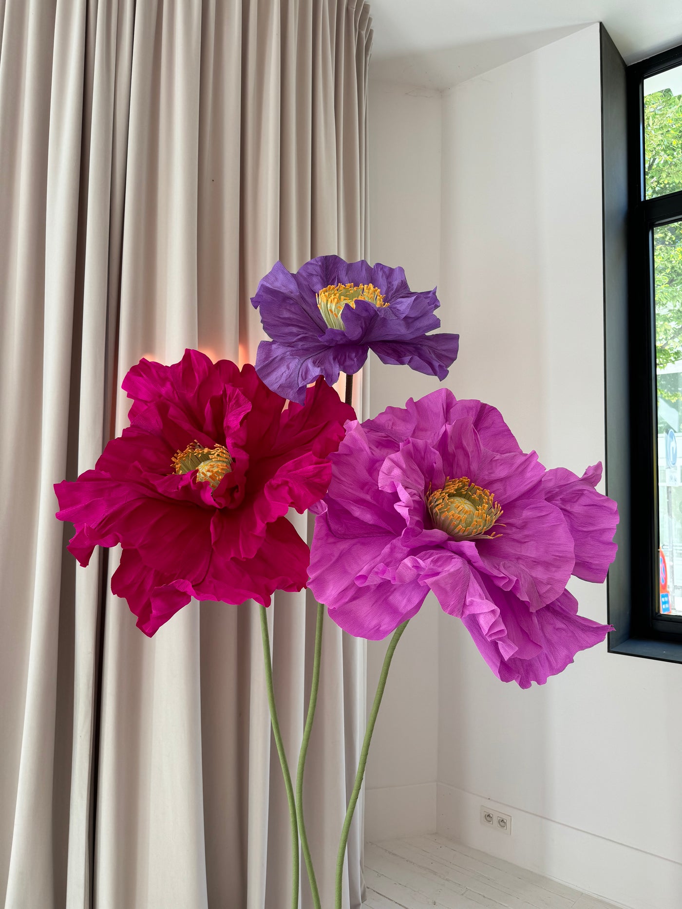 3 Purple Big Paper Poppies on Stand