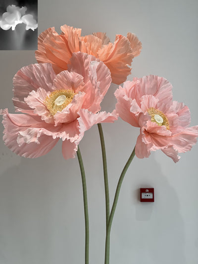 3 Oversized Paper Poppies on a metal base