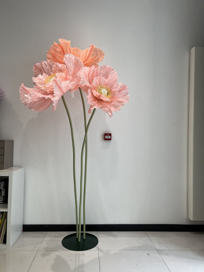 3 Oversized Paper Poppies on a metal base
