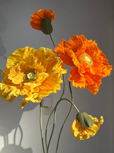 Dazzling Large Orange and Yellow Paper Flowers on Metal Stands for Weddings