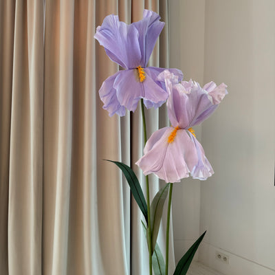 Handcrafted big paper iris flowers with leaves for party decor