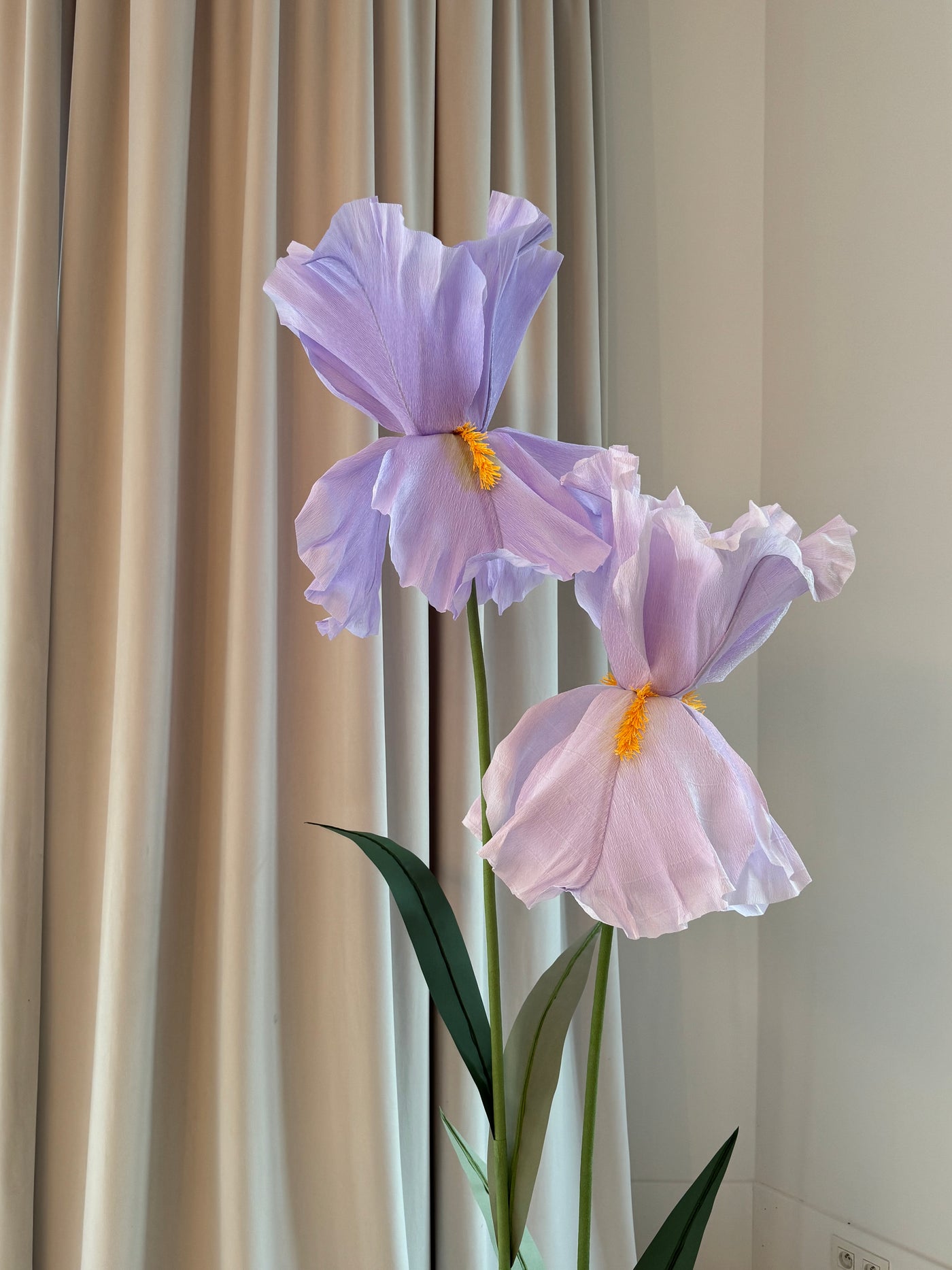 Freestanding giant paper iris flowers with leaves for wedding displays