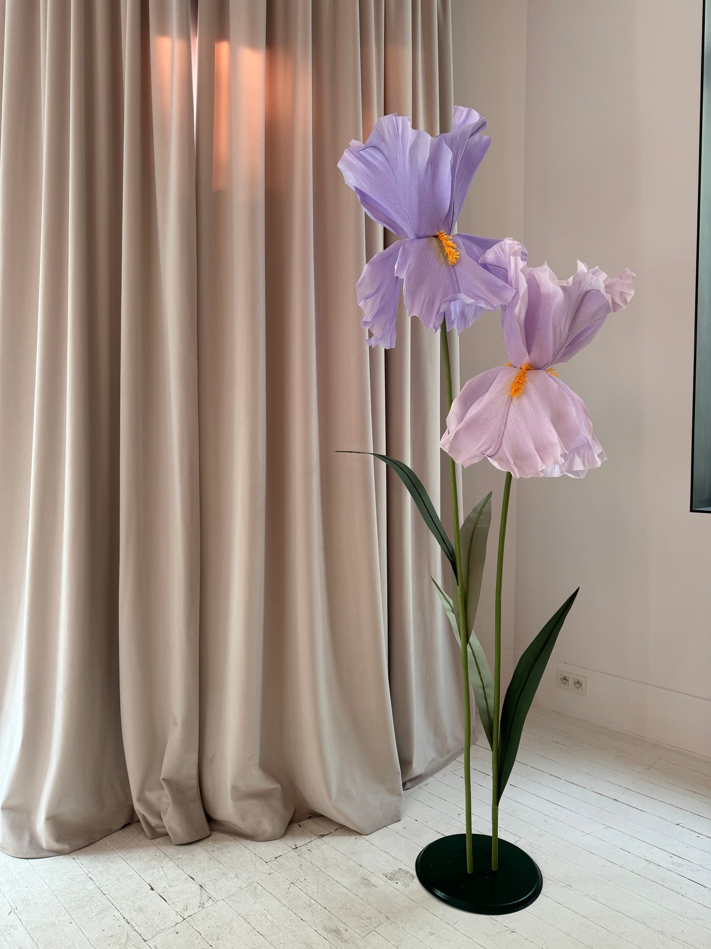 Set of 2 giant paper iris flowers with leaves, perfect for event decor