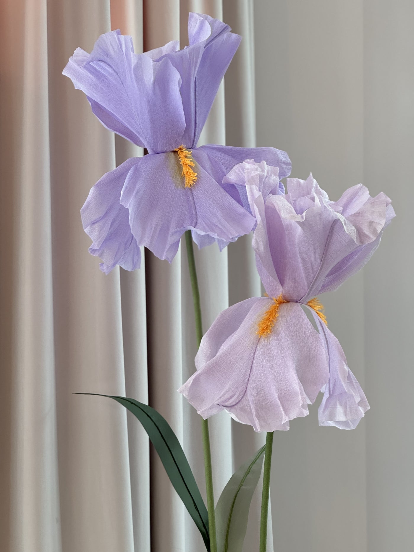 Large paper iris flowers in vibrant colors, set with realistic leaves