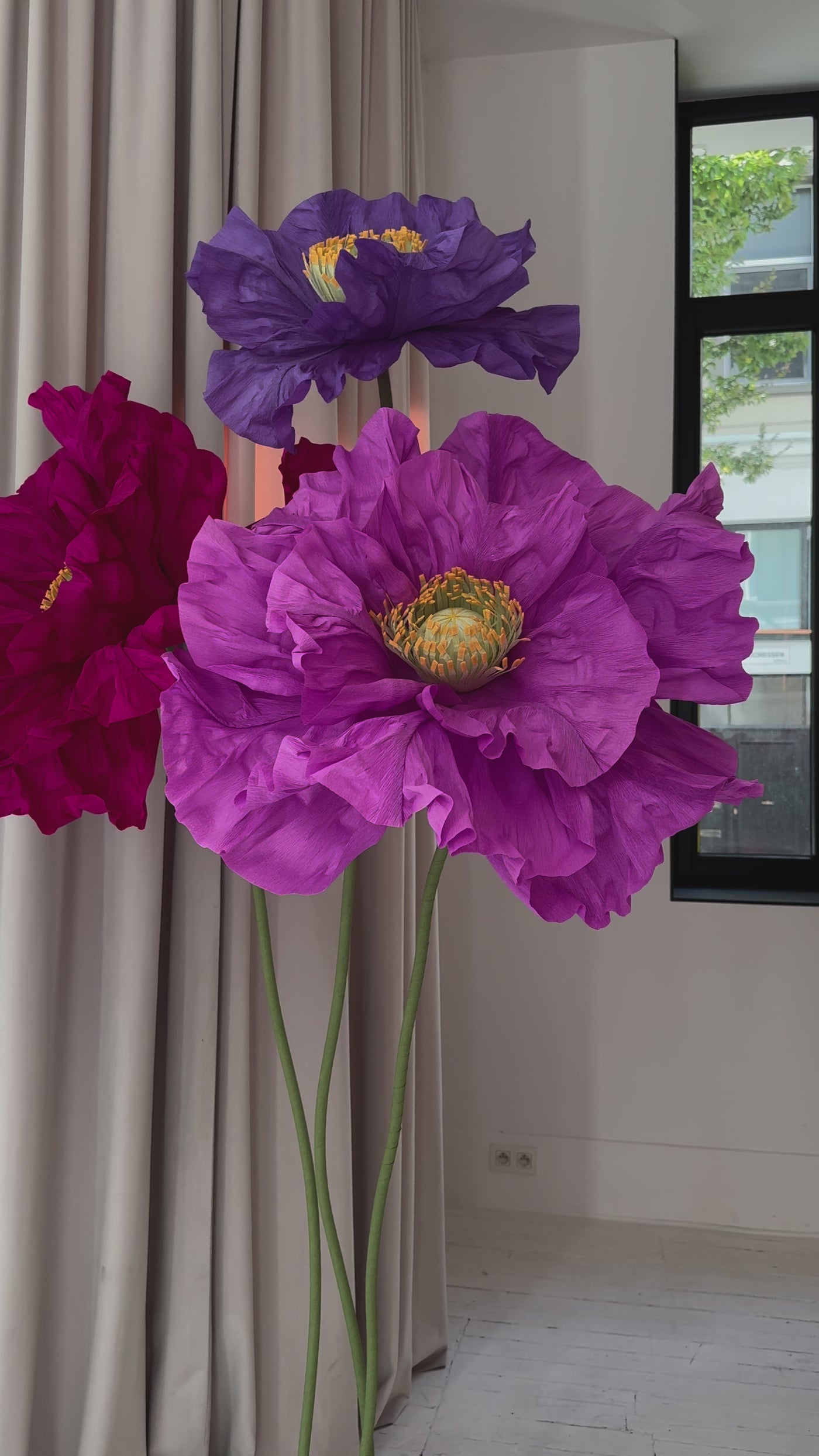 3 Purple Big Paper Poppies on Stand