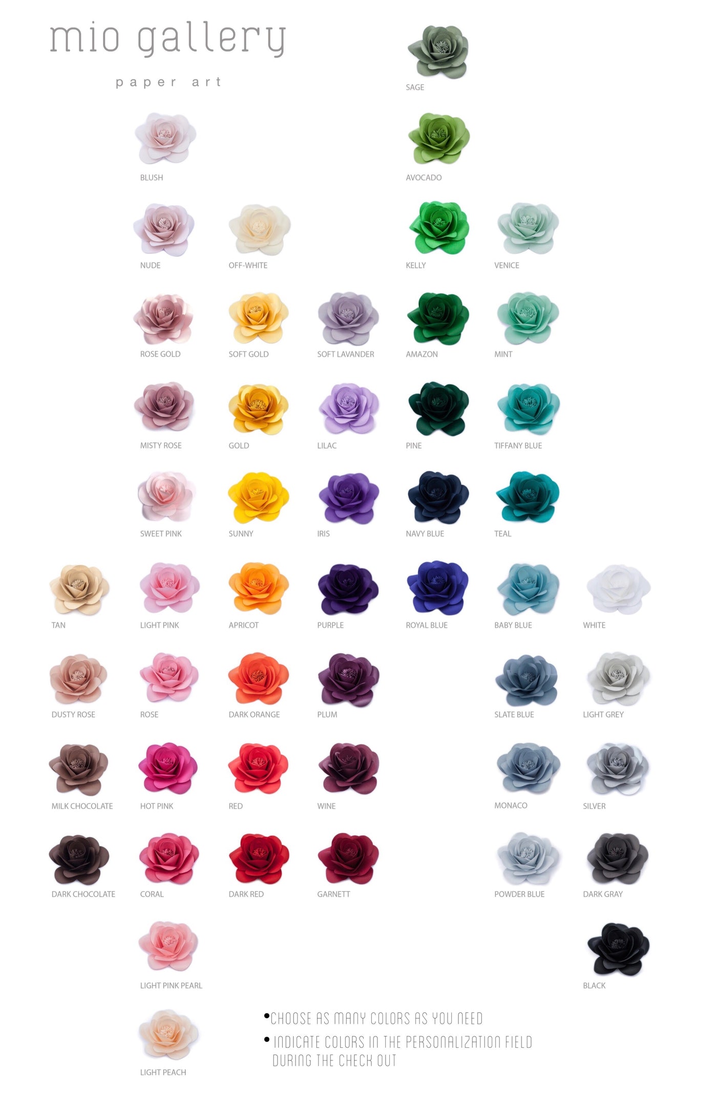 Vibrant color chart showcasing a variety of shades for paper flowers