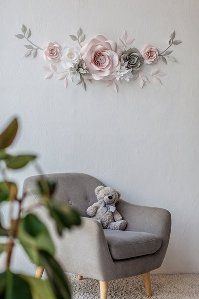 Elevate your nursery's aesthetics with our captivating Blush, White, and Light Grey floral wallpaper