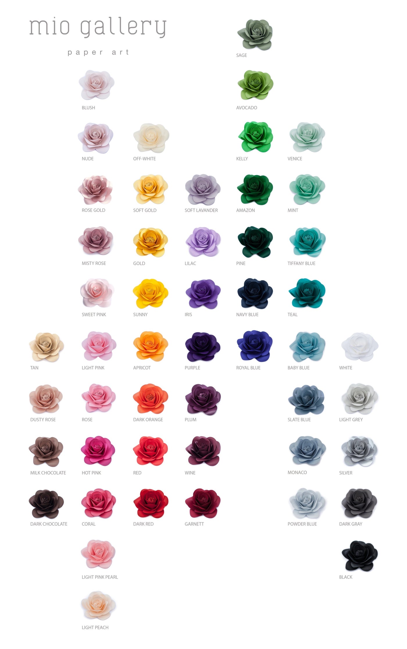 Color chart in a variety of colors - choose your options for dreamy wall paper flowers